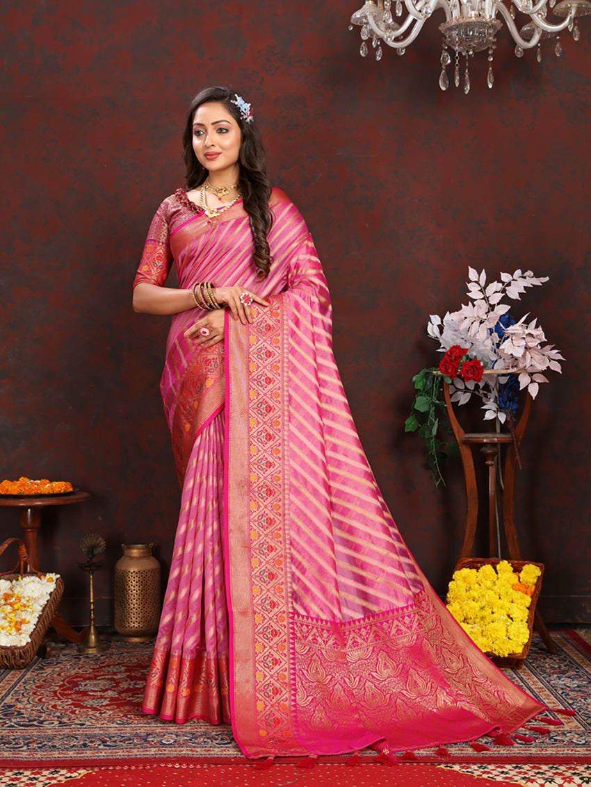 Lorenvalley Fashion Pink Organza Silk Woven Design with Rich Meenakari Weaving Pallu Saree | Grocsy