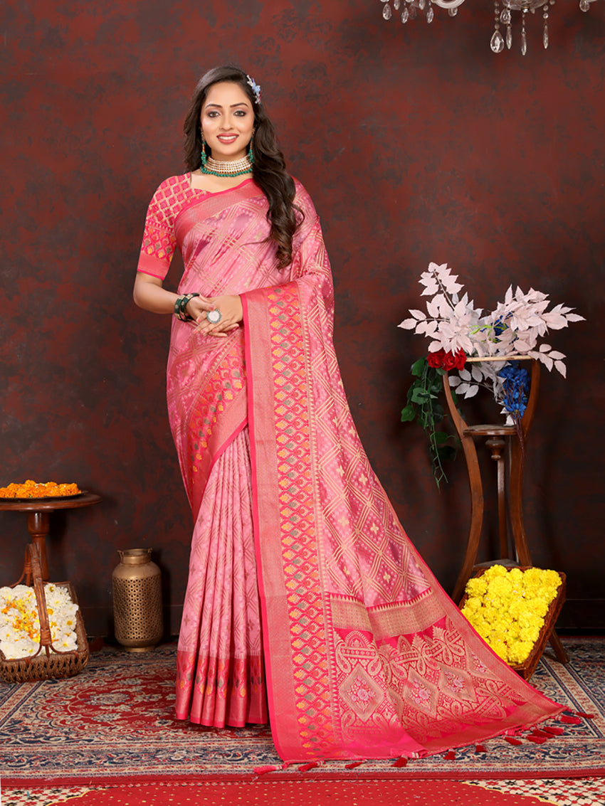 Lorenvalley Fashion Pink Organza Silk Woven Design with Rich Meenakari Weaving Pallu Saree | Grocsy