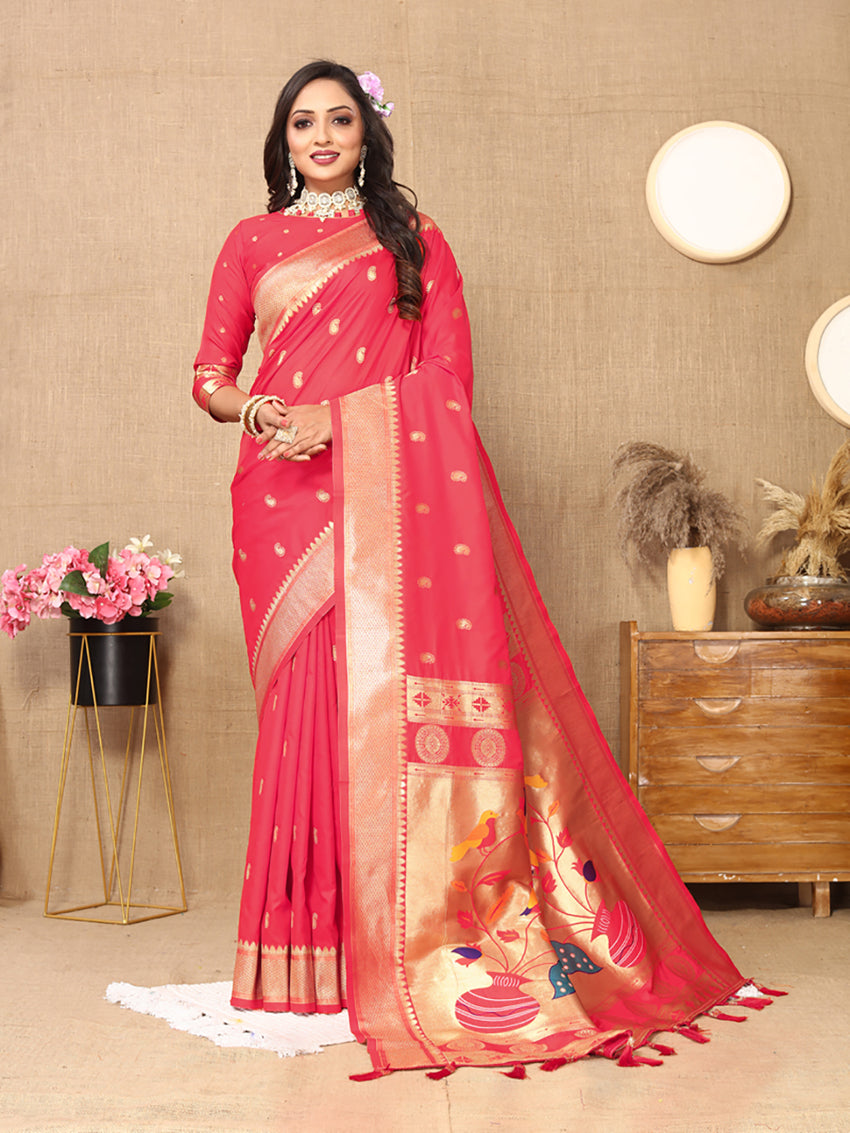 Lorenvalley Fashion Pink Soft Paithani Silk Woven Design Rich Zari Meenakari Weaving Saree | Grocsy
