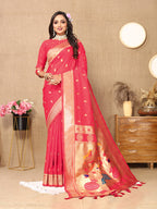 Lorenvalley Fashion Pink Soft Paithani Silk Woven Design Rich Zari Meenakari Weaving Saree | Grocsy