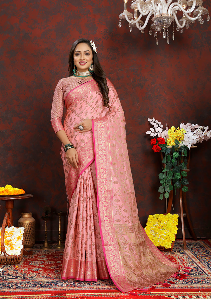 Lorenvalley Fashion Pink Soft Katan Silk Woven Design Rich Zari Weaving Pallu Saree | Grocsy