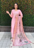 Lorenvalley Fashion Pink Roman Silk Hand Work Kurta Pant with Dupatta | Grocsy
