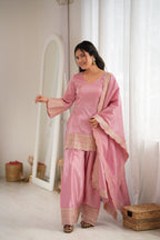 Lorenvalley Fashion Pink Glass Roman Silk with Embroidery Sequence Dori and Jari Work Kurta Farshi Salwar with Dupatta | Grocsy