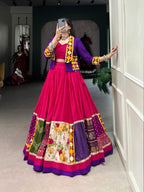 Lorenvalley Pink Pure Rayon with Plain With Printed And Gamthi Patch Work With Lace Touch Up Lehenga Choli | Grocsy