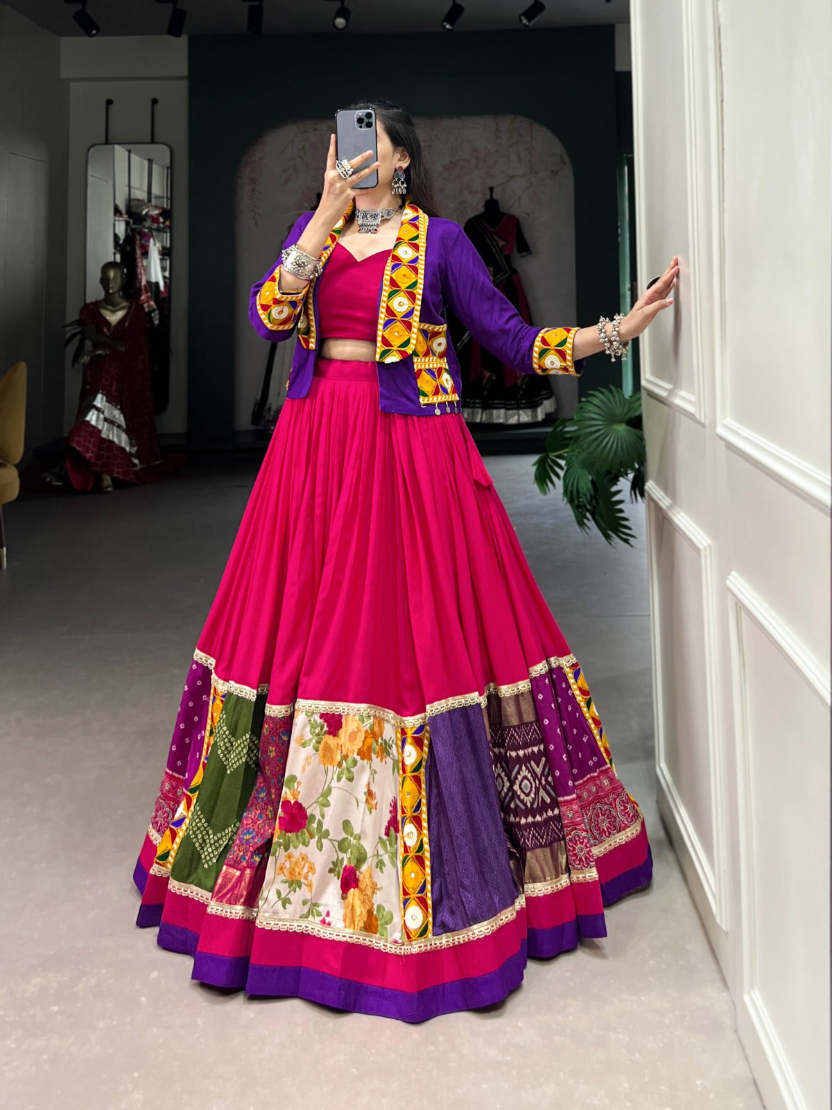 Lorenvalley Pink Pure Rayon with Plain With Printed And Gamthi Patch Work With Lace Touch Up Lehenga Choli | Grocsy