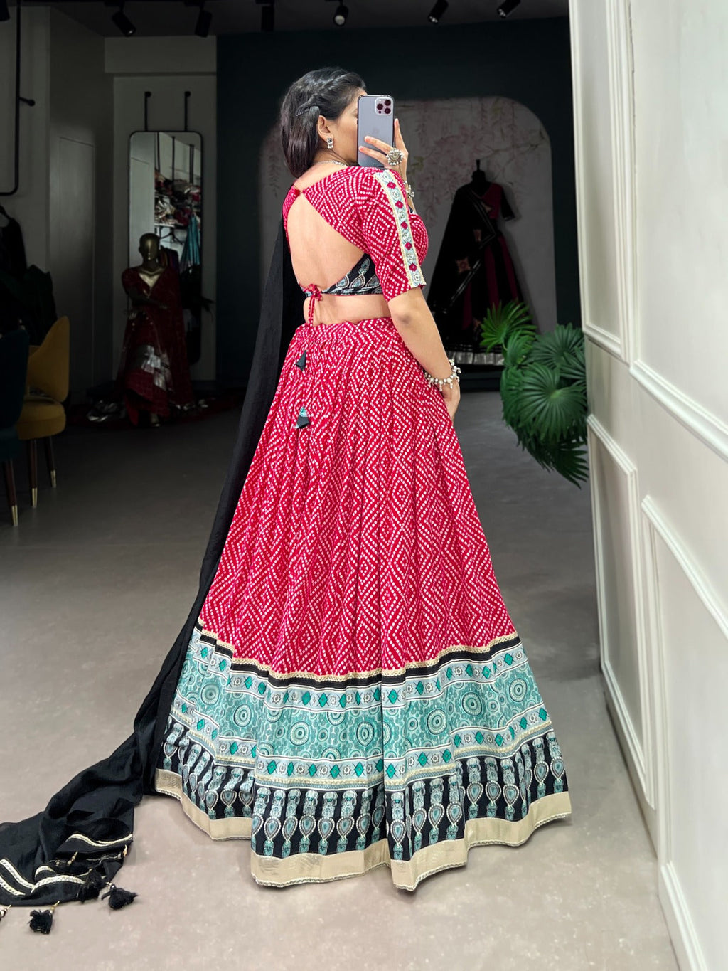 Lorenvalley Pink Rayon with Bandhej And Ajarakh Print With Embossed Design Gota Lace Touch up Lehenga Choli | Grocsy