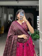 Lorenvalley Pink Tussar Silk Bandhej And Ajarakh Print Lehenga Choli with Dupatta | Grocsy