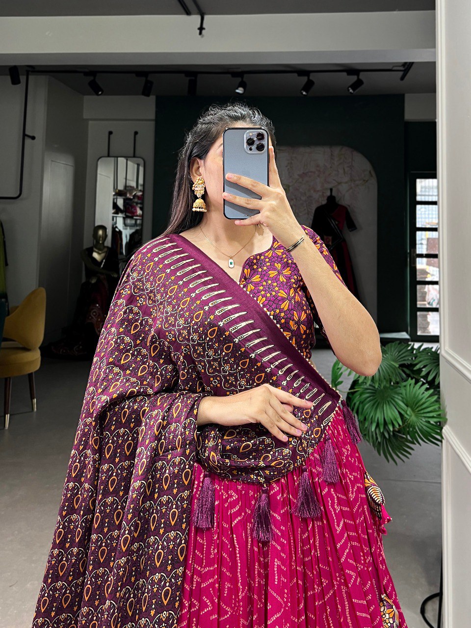 Lorenvalley Pink Tussar Silk Bandhej And Ajarakh Print Lehenga Choli with Dupatta | Grocsy