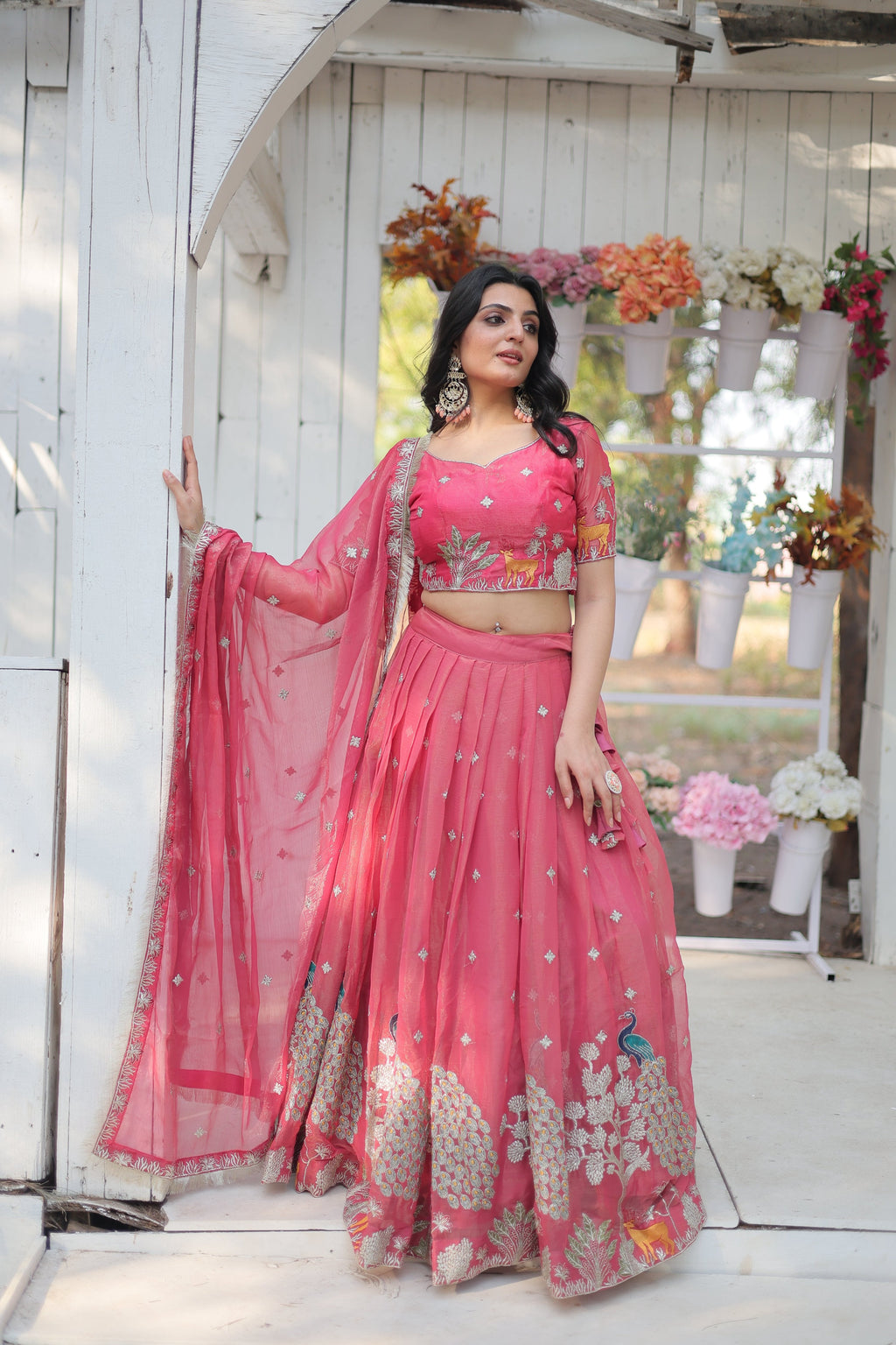 Lorenvalley Pink Gold Coin Fabric with Sequins and Thread Embroidered work Lehenga Choli with Dupatta | Grocsy