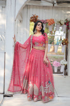 Lorenvalley Pink Gold Coin Fabric with Sequins and Thread Embroidered work Lehenga Choli with Dupatta | Grocsy