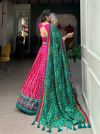 Lorenvalley Pink Tussar Silk Lehenga Leheriya Patola Print Border With Choli Bandhej Print With Bandhej Print Gotta Patti Lace Border Dupatta | Grocsy