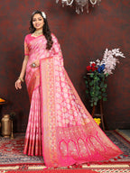 Lorenvalley Fashion Pink Organza Silk Woven Design with Rich Meenakari Weaving Pallu Saree | Grocsy