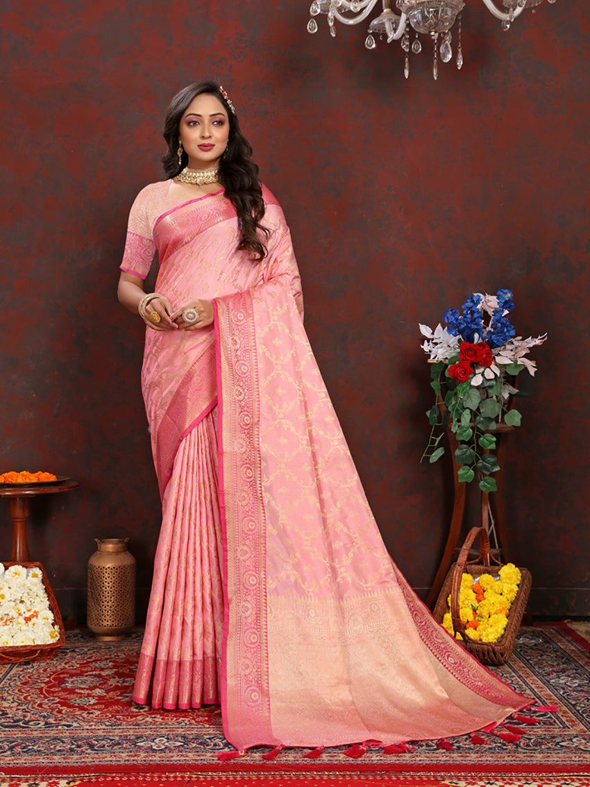 Lorenvalley Fashion Pink Soft Katan Silk Woven Design Zari Weaving Pallu Saree | Grocsy