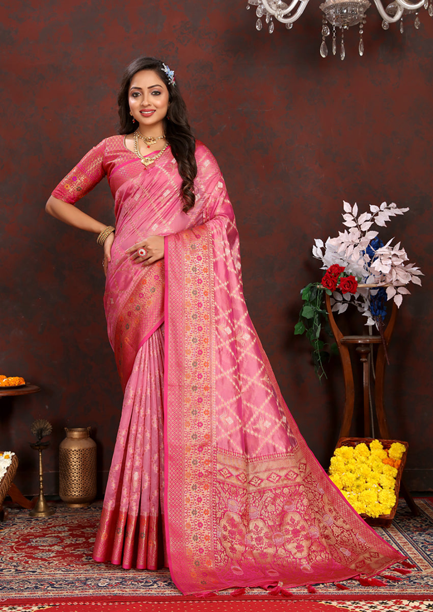 Lorenvalley Fashion Pink Organza Silk Woven Design with Rich Meenakari Weaving Pallu Saree | Grocsy