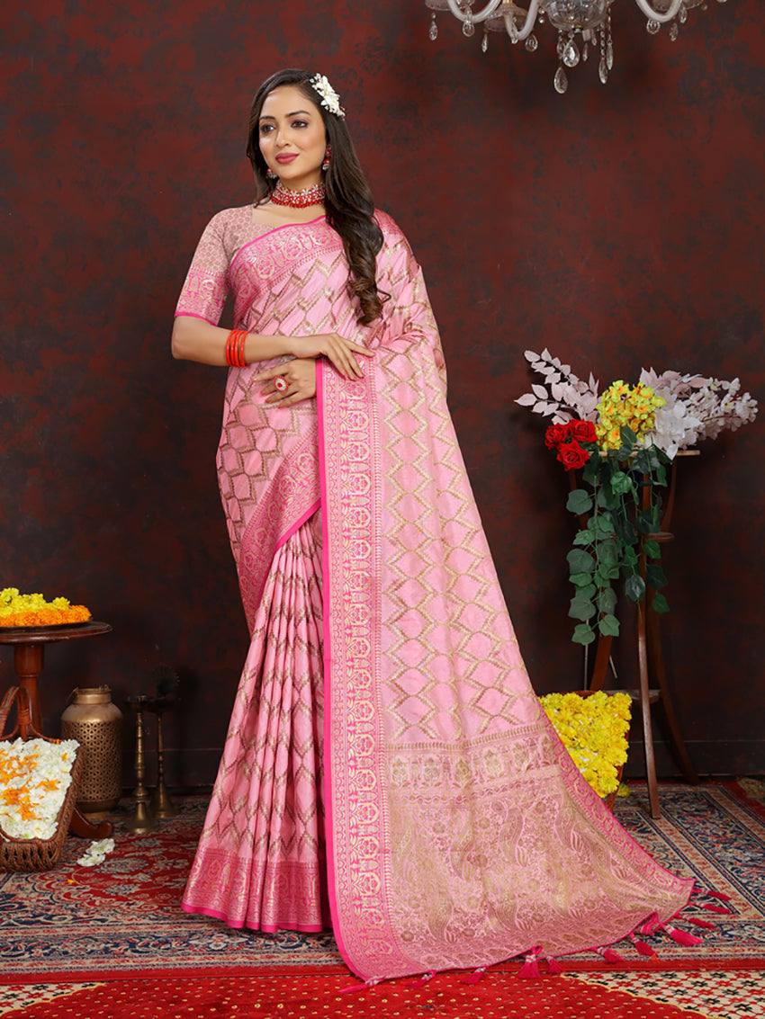 Lorenvalley Fashion Pink Soft Katan Silk Woven Design Rich Zari Weaving Pallu Saree | Grocsy