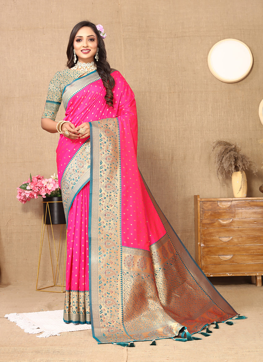 Lorenvalley Fashion Pink Soft Silk weaving Design Rich Zari Weaving Saree | Grocsy
