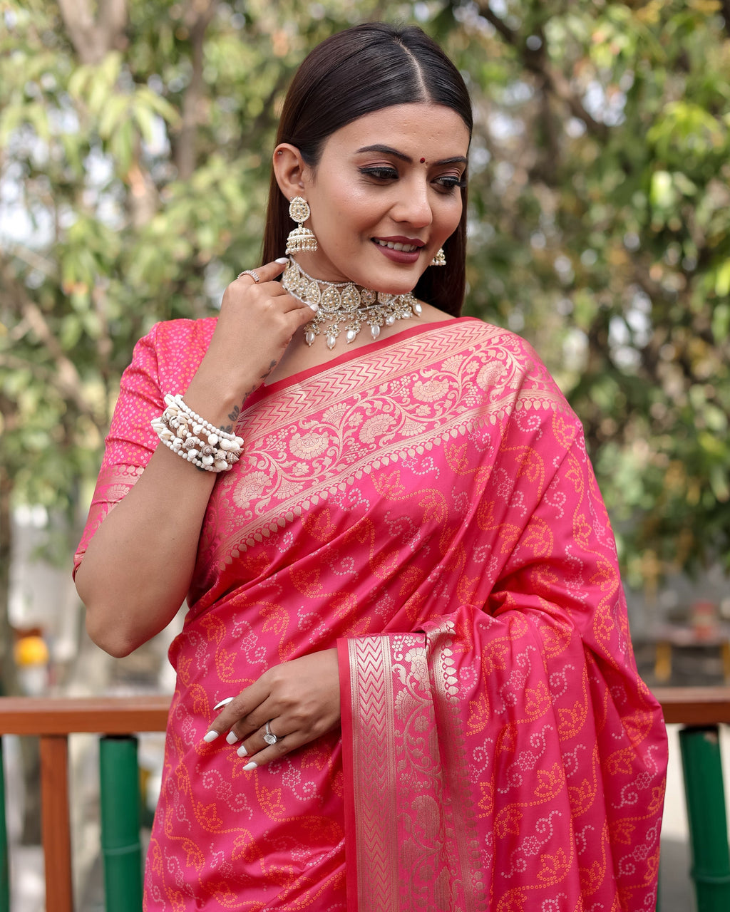 Lorenvalley Premium Bandhej Patola Silk Sarees with kanchi Borders and Contrast Zari Weaving borders Saree - Pink | Grocsy