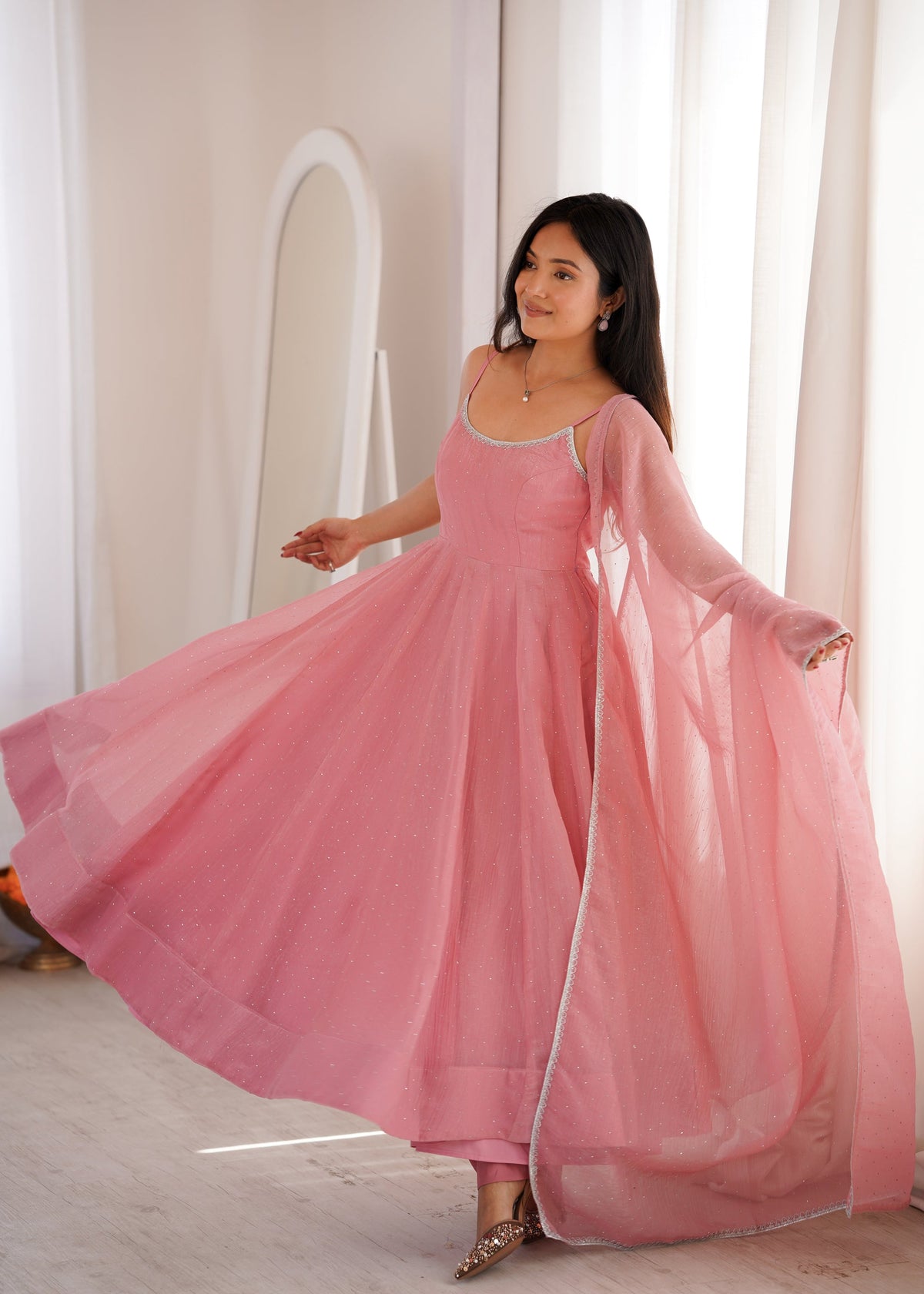 Lorenvalley Fashion Dusty Pink Crunchy Silk Fabric with Swarovski Work Anarkali Pant With Dupatta Set | Grocsy