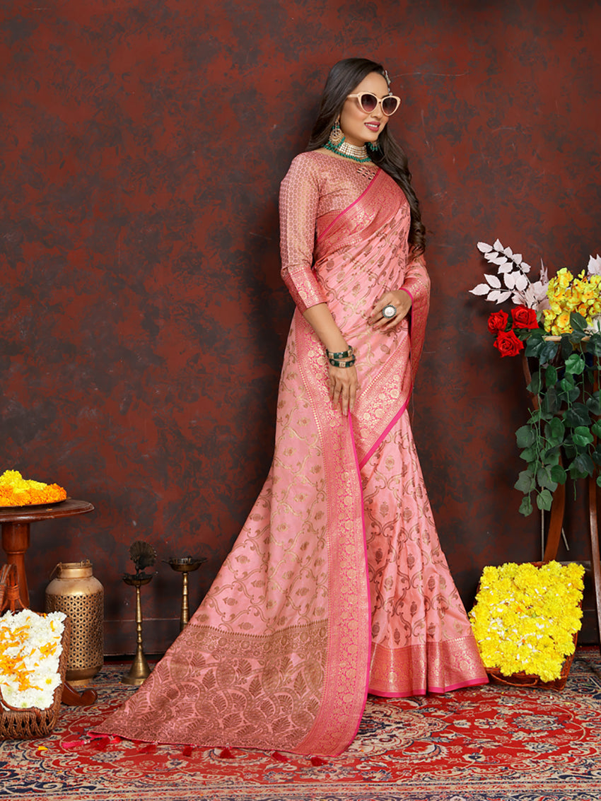 Lorenvalley Fashion Pink Soft Katan Silk Woven Design Rich Zari Weaving Pallu Saree | Grocsy