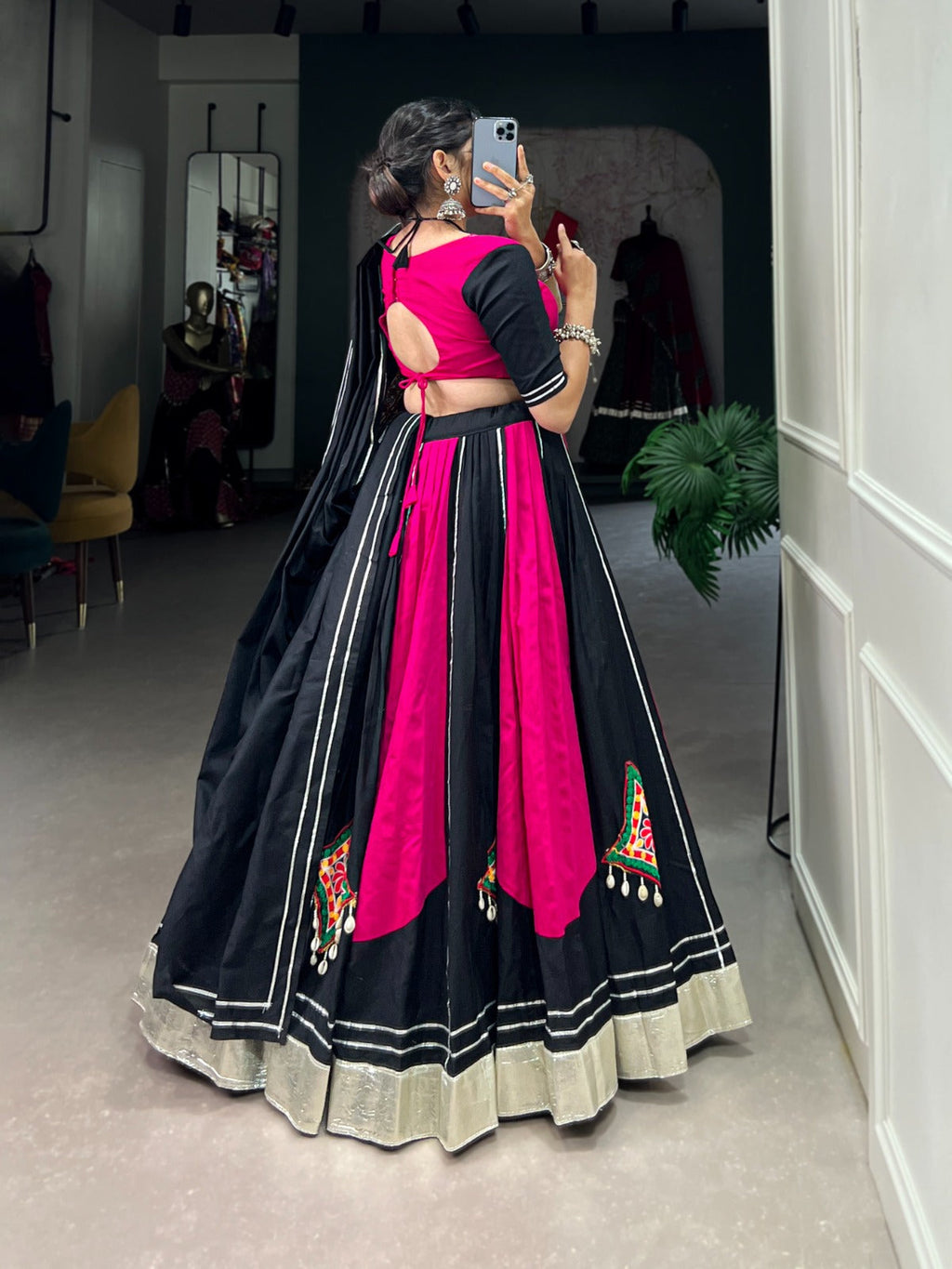 Lorenvalley Pink and Black Plain With Gamthi Patch Work & Gota Patti Lace also cowrie (kodi) lace touch up Lehenga Choli | Grocsy