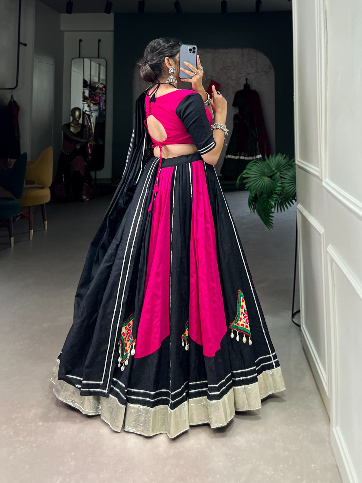 Lorenvalley Pink and Black Plain With Gamthi Patch Work & Gota Patti Lace also cowrie (kodi) lace touch up Lehenga Choli | Grocsy