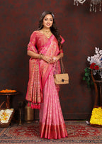 Lorenvalley Fashion Pink Organza Silk Woven Design with Rich Meenakari Weaving Pallu Saree | Grocsy