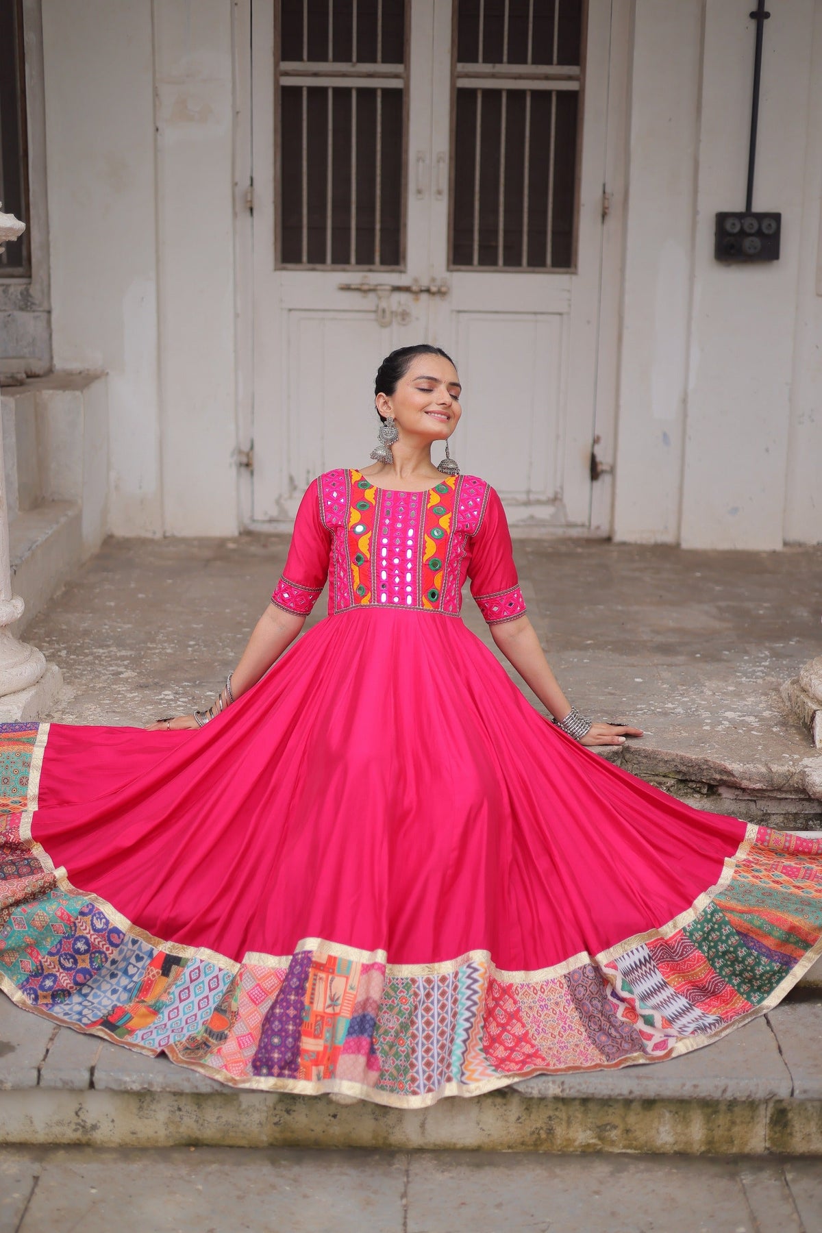Lorenvalley Fashion Pink Roman Silk with Thread with mirror work & Maslin Crochet Print Work Gown | Grocsy