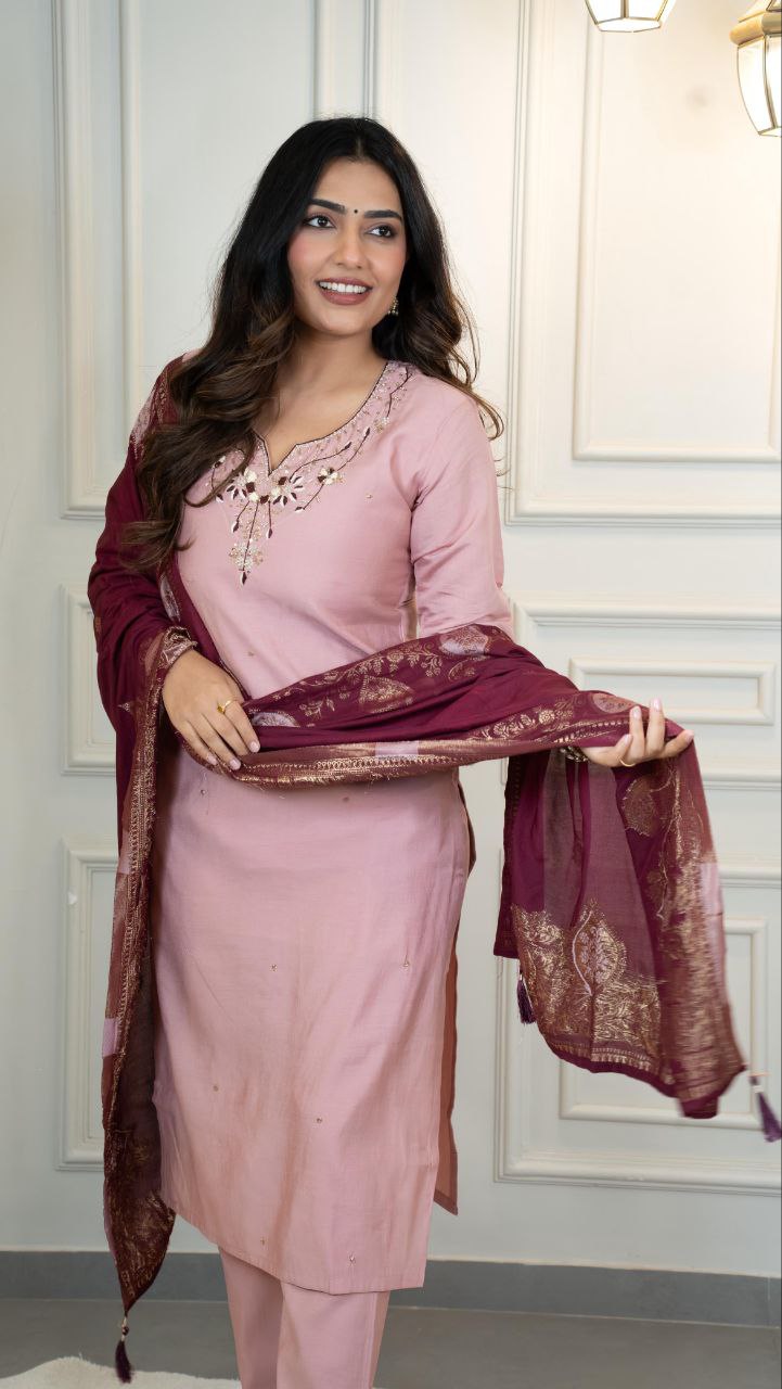 Lorenvalley Fashion Pink Roman Silk Hand Work Kurta Pant with Dupatta | Grocsy