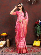 Lorenvalley Fashion Pink Organza Silk Woven Design with Rich Meenakari Weaving Pallu Saree | Grocsy