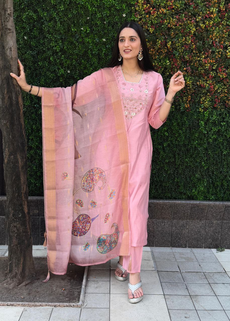 Lorenvalley Fashion Pink Roman Silk Hand Work Kurta Pant with Dupatta | Grocsy