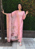 Lorenvalley Fashion Pink Roman Silk Hand Work Kurta Pant with Dupatta | Grocsy