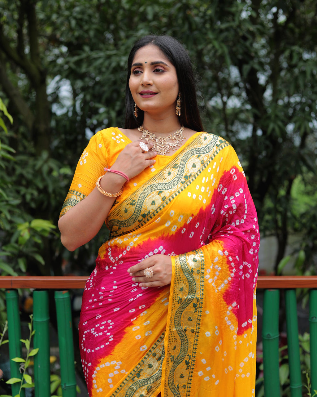 Lorenvalley Premium Pure Bandhej Tapeta Soft light weight silk saree with zari weaving Border - Multicolor | Grocsy