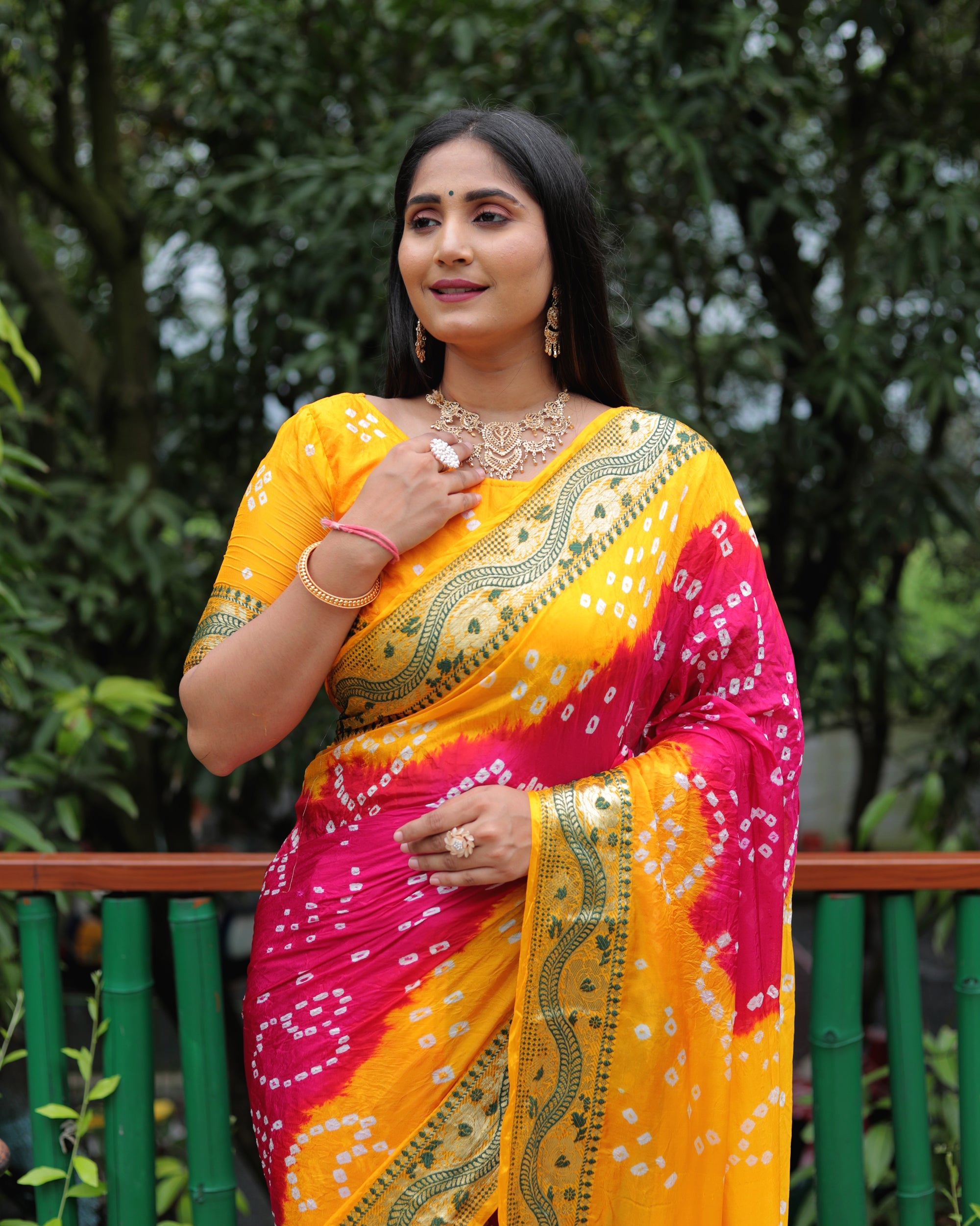 Lorenvalley Premium Pure Bandhej Tapeta Soft light weight silk saree with zari weaving Border - Multicolor | Grocsy
