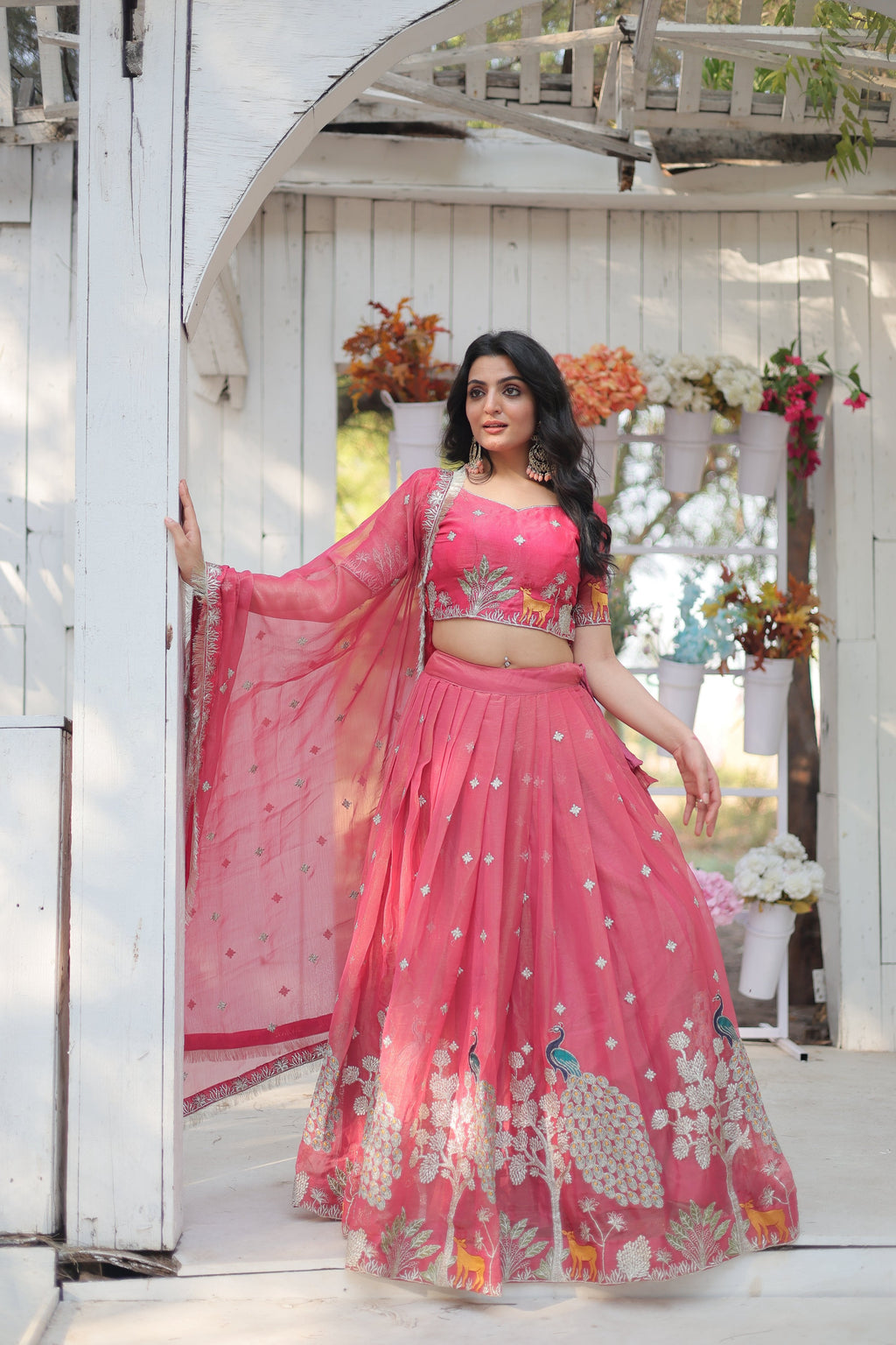 Lorenvalley Pink Gold Coin Fabric with Sequins and Thread Embroidered work Lehenga Choli with Dupatta | Grocsy