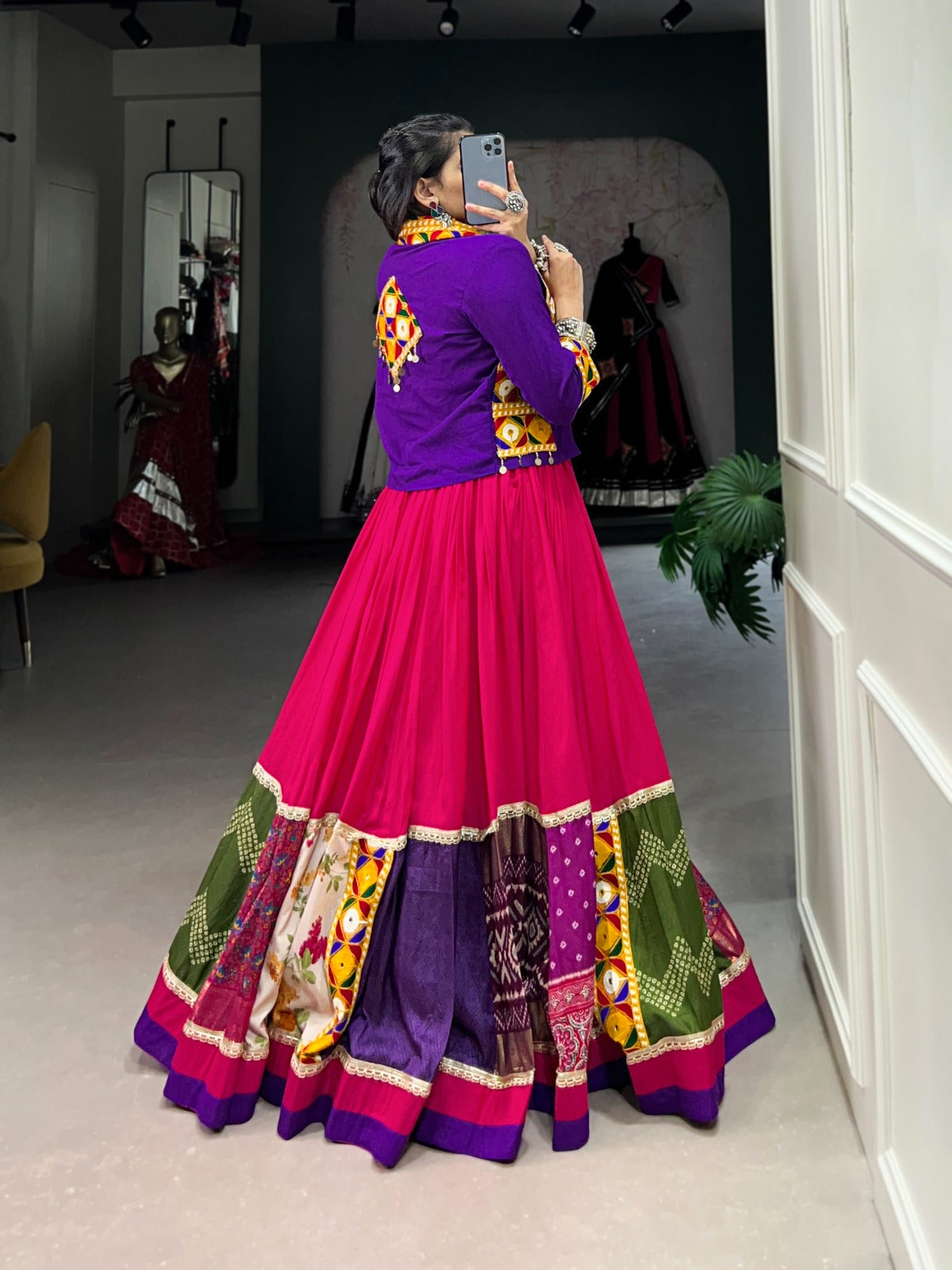 Lorenvalley Pink Pure Rayon with Plain With Printed And Gamthi Patch Work With Lace Touch Up Lehenga Choli | Grocsy