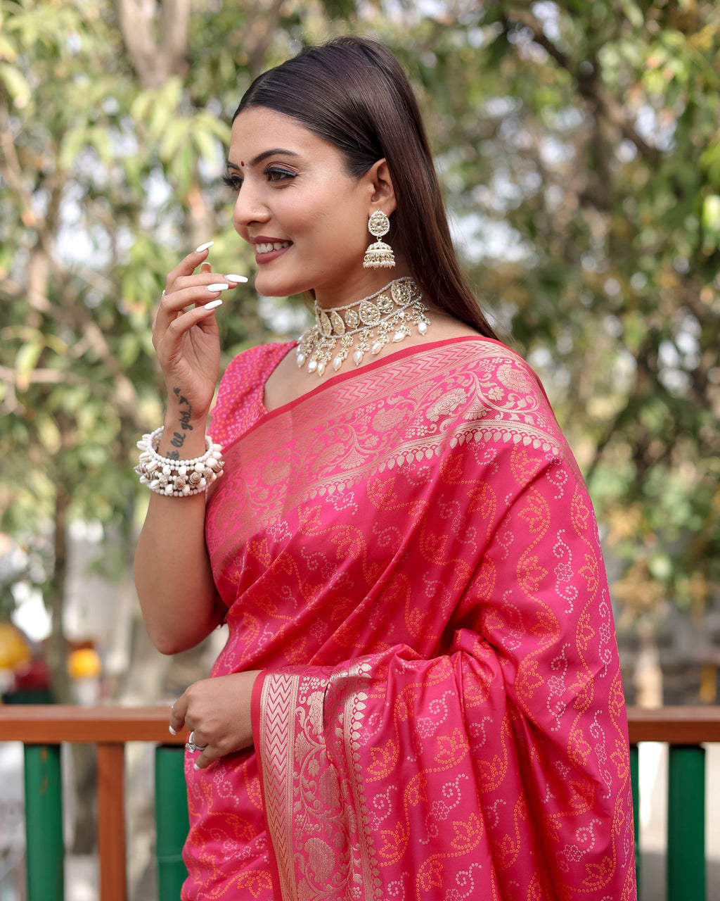 Lorenvalley Premium Bandhej Patola Silk Sarees with kanchi Borders and Contrast Zari Weaving borders Saree - Pink | Grocsy
