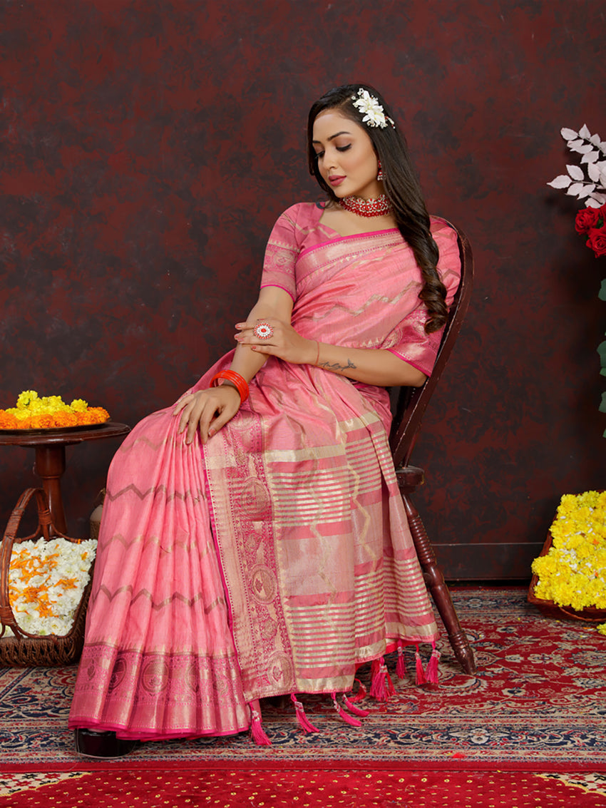Lorenvalley Fashion Pink Soft Katan Silk Woven Design Zari Weaving Pallu Saree | Grocsy
