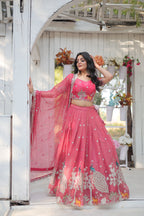Lorenvalley Pink Gold Coin Fabric with Sequins and Thread Embroidered work Lehenga Choli with Dupatta | Grocsy