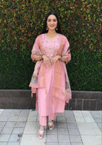 Lorenvalley Fashion Pink Roman Silk Hand Work Kurta Pant with Dupatta | Grocsy