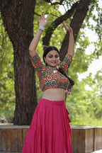 Lorenvalley Pink Premium Rayon Lehenga with Georgette Embroidered Traditional Thread work Choli | Grocsy
