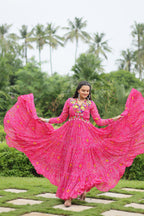 Lorenvalley Pink Faux Georgette Bandhani Print Work With Kutchi Patch Work Gown | Grocsy
