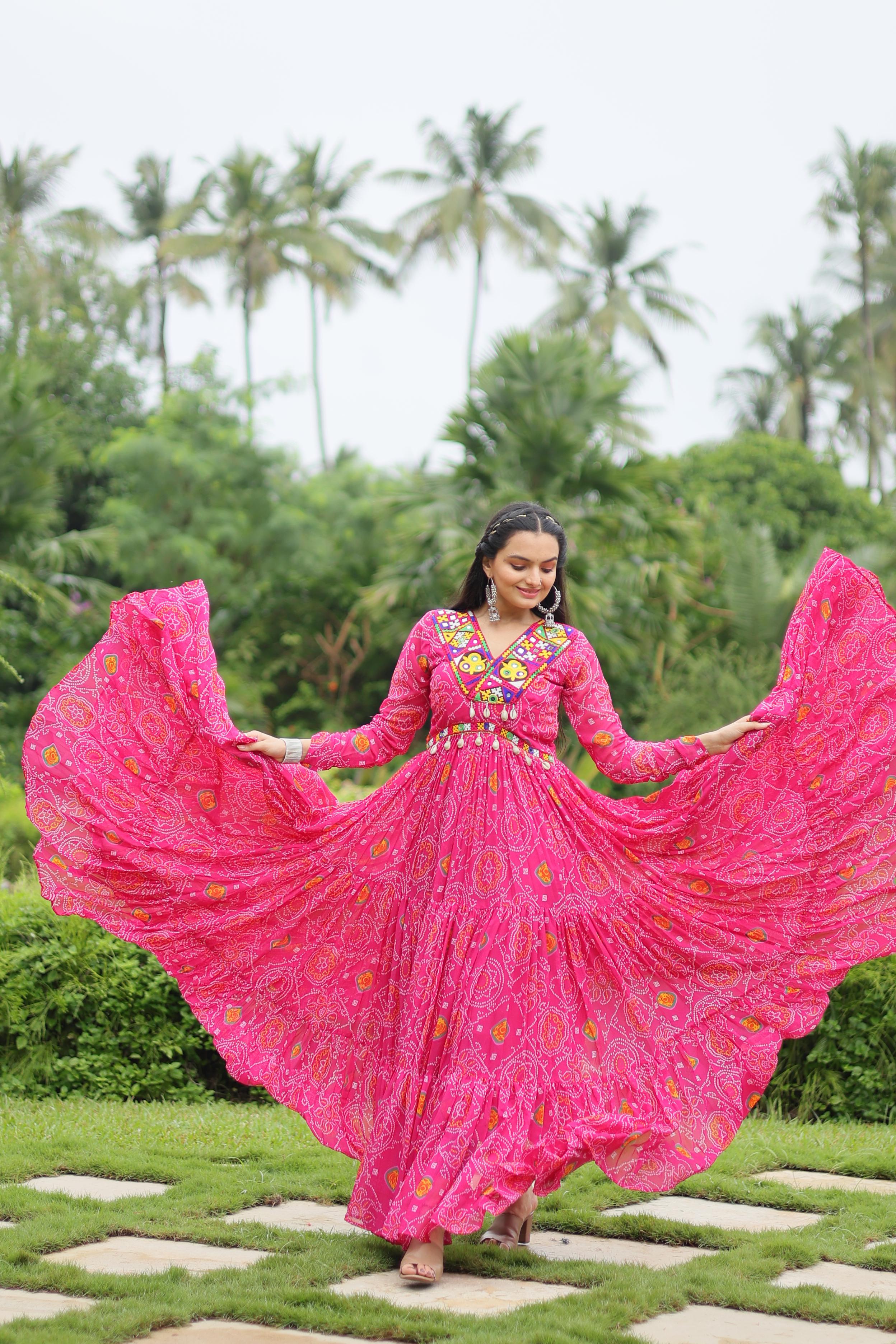 Lorenvalley Pink Faux Georgette Bandhani Print Work With Kutchi Patch Work Gown | Grocsy