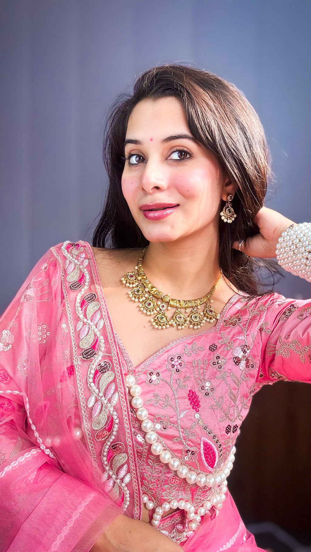 Evanik Pink Net Embroidery work Saree with Moti Hand work Blouse | Grocsy