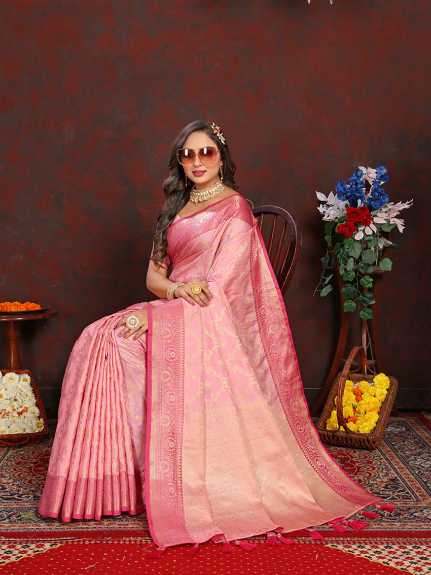 Lorenvalley Fashion Pink Soft Katan Silk Woven Design Zari Weaving Pallu Saree | Grocsy