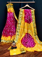 Lorenvalley Premium Pure Bandhej Tapeta Soft light weight silk saree with zari weaving Border - Multicolor | Grocsy