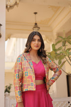 Lorenvalley Pink Premium Chinnon Lehenga Choli with Jacquard Woven Design Koti | Grocsy