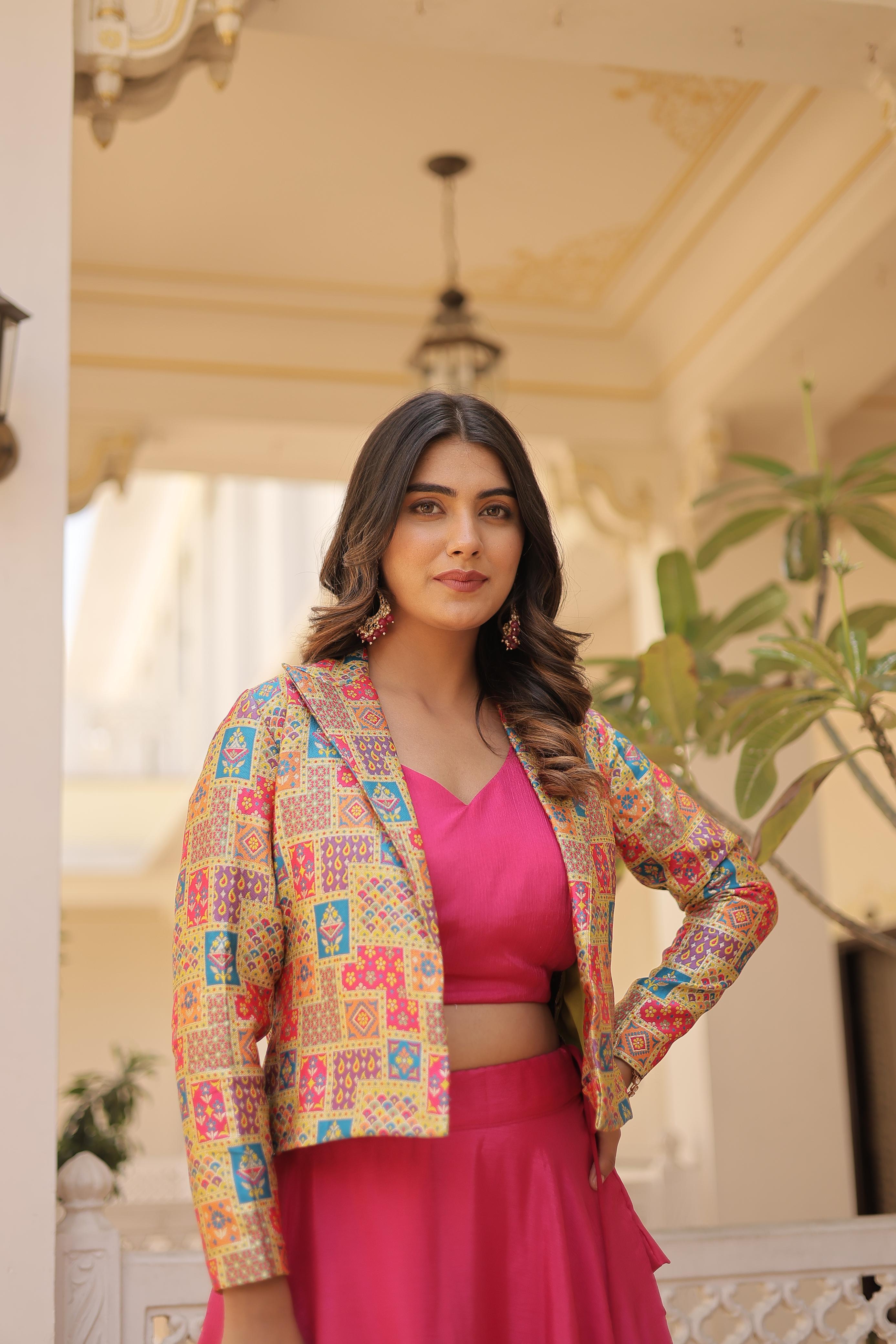 Lorenvalley Pink Premium Chinnon Lehenga Choli with Jacquard Woven Design Koti | Grocsy