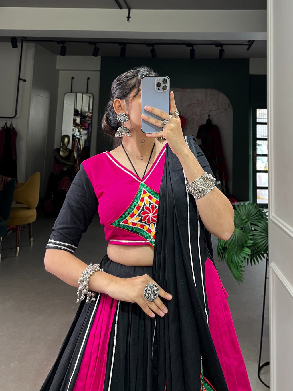 Lorenvalley Pink and Black Plain With Gamthi Patch Work & Gota Patti Lace also cowrie (kodi) lace touch up Lehenga Choli | Grocsy