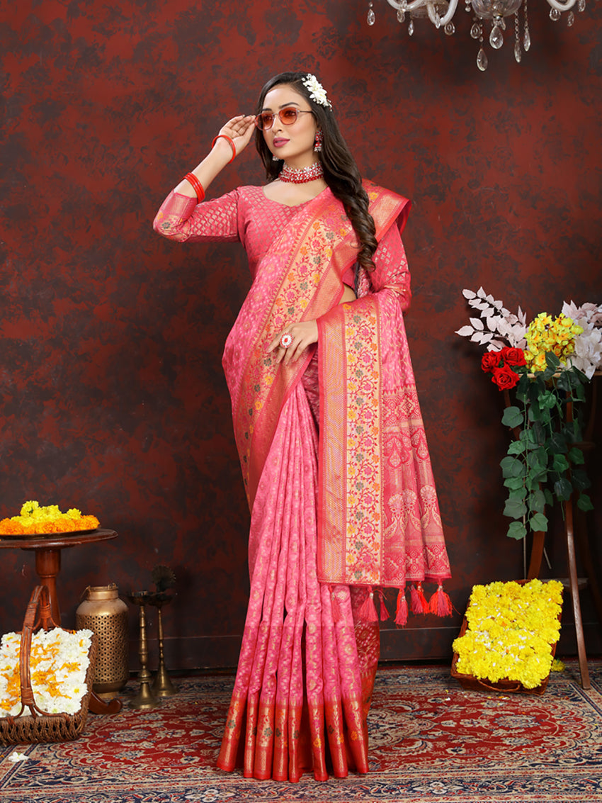 Lorenvalley Fashion Pink Organza Silk Woven Design with Rich Meenakari Weaving Pallu Saree | Grocsy