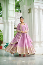 Lorenvalley Fashion Pink Faux Georgette with Embroidered work Anarkali Gown with Dupatta | Grocsy